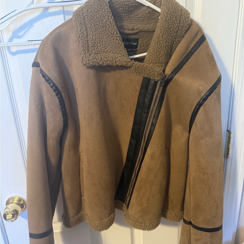 Tan Shearling Jacket with Black Accents